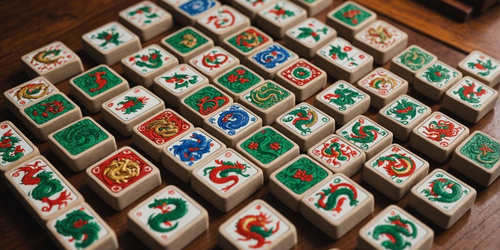 Mahjong dragon tiles on wooden table