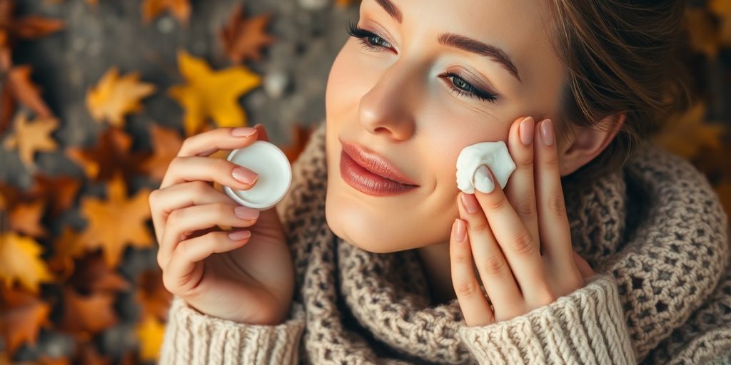 Woman applying fall skincare amidst autumn leaves.