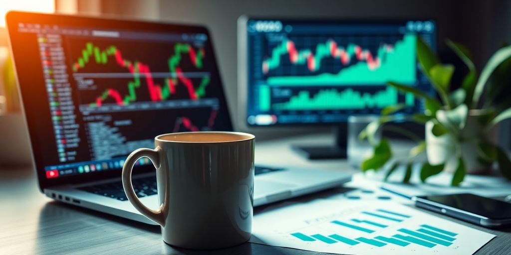 A modern trading workspace with laptop and coffee.