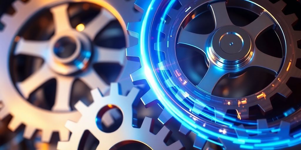 Gears turning with glowing lines connecting them.