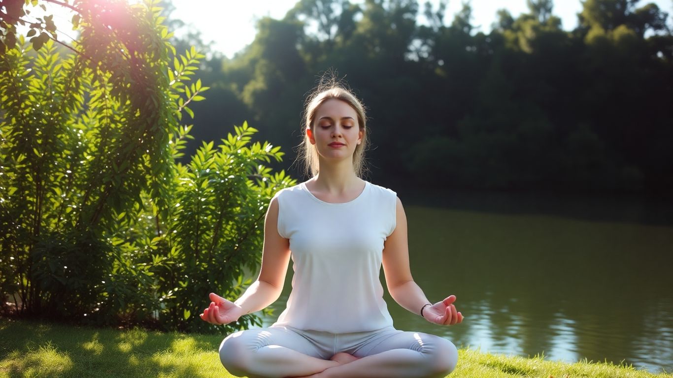 Person meditating peacefully outdoors with serene natural surroundings.