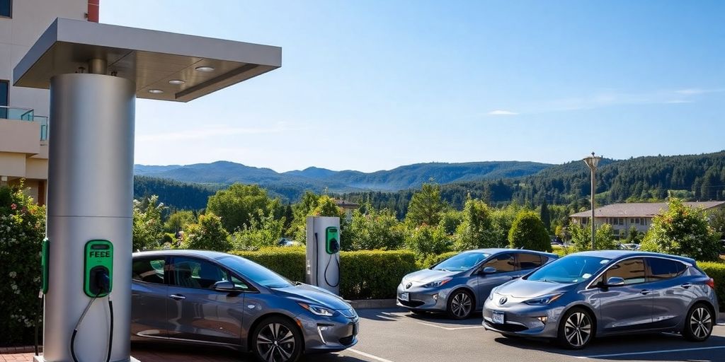 Electric vehicle charging station at a hotel parking area.