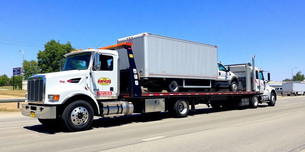 Grúa con vehículo comercial remolcado