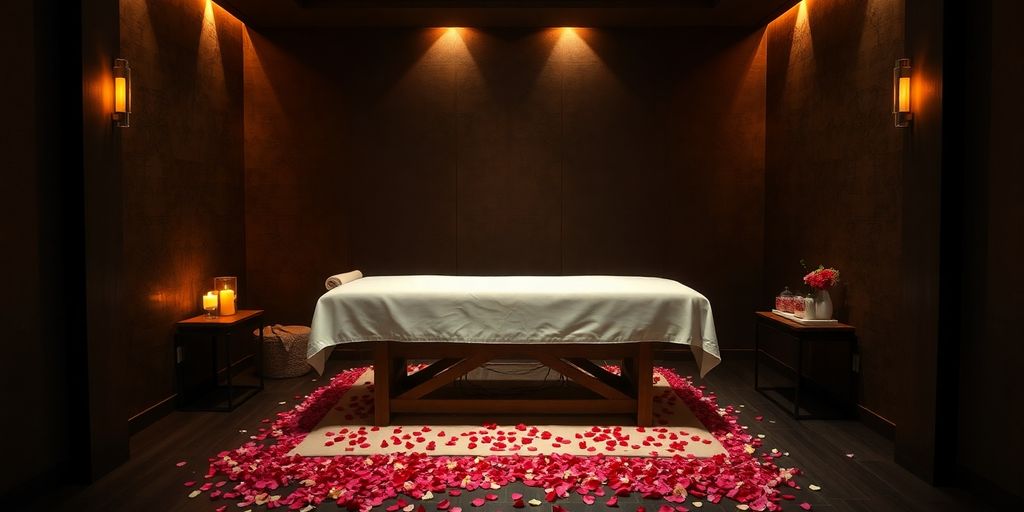 Luxurious spa, soft lighting, serene massage room, tranquil atmosphere.