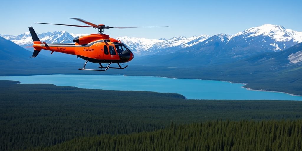 A helicopter with a Bambi Bucket flies over Alaskan wilderness.