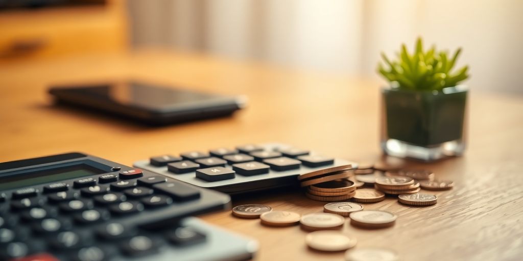 Calculator, coins, and a small plant.