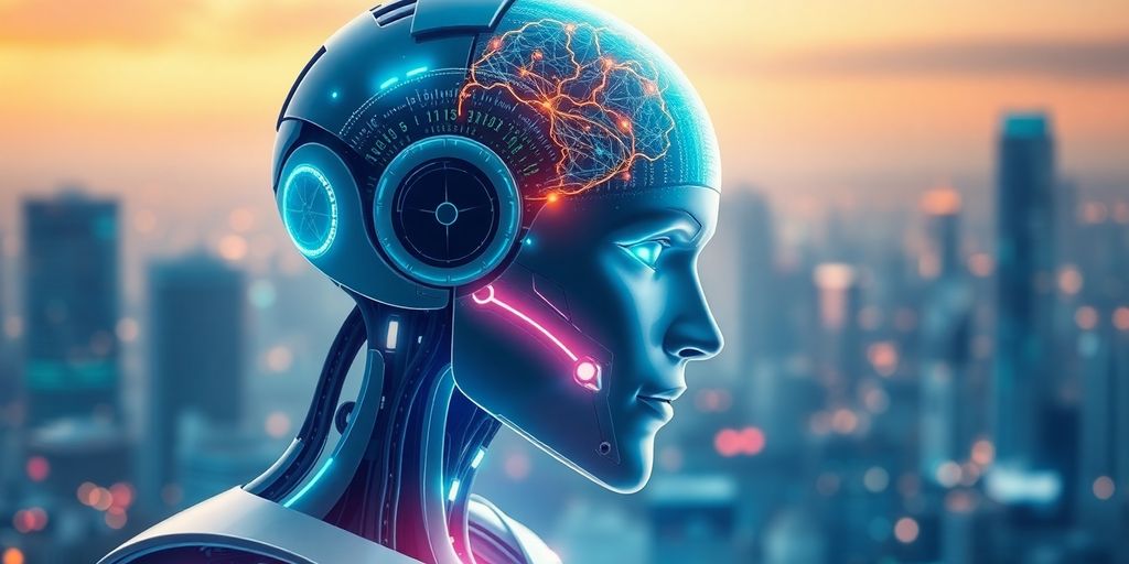 Futuristic robot with glowing brain amidst digital code.