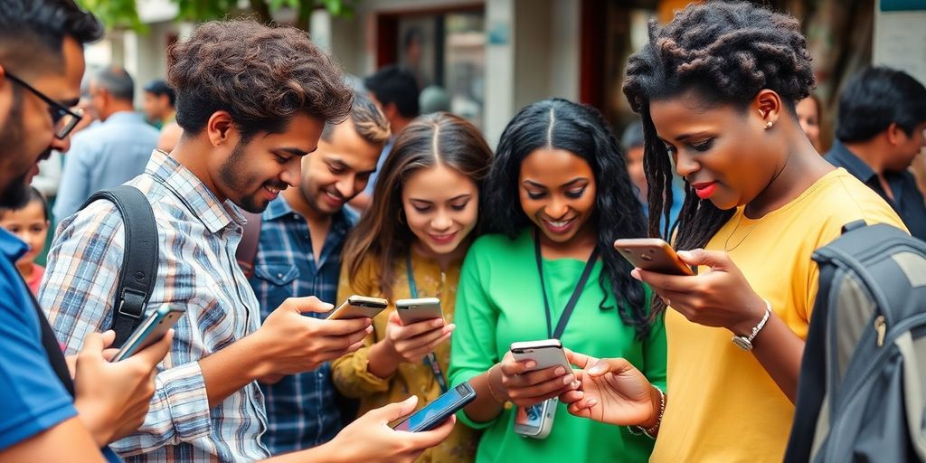 People engaging with smartphones in a local outdoor setting.