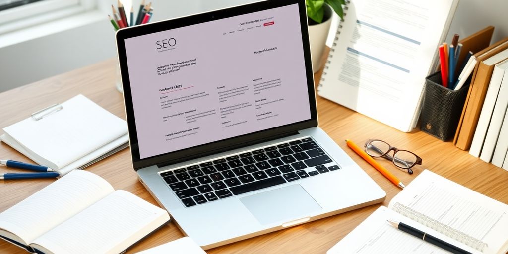 Workspace with laptop and notebooks for SEO content creation.