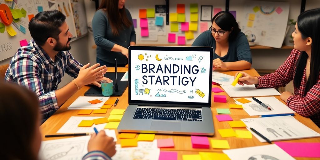Team collaborating on brand strategy in a creative workspace.