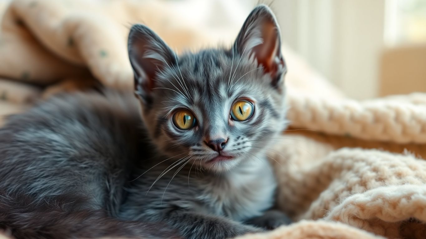 Playful Burmese Blue kitten with golden eyes on blanket