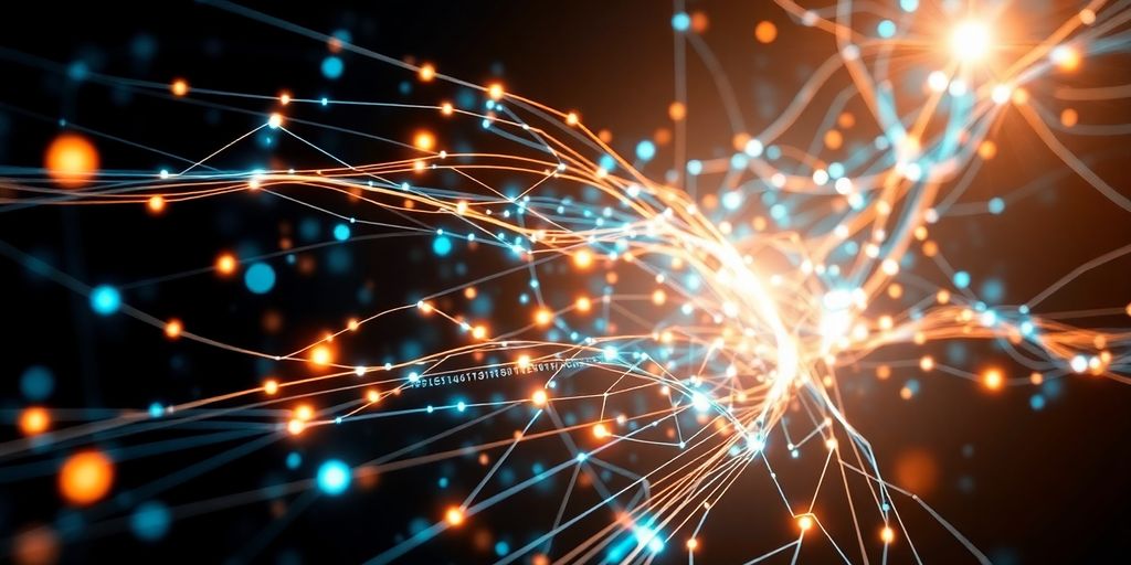 Digital network connections and glowing data streams.