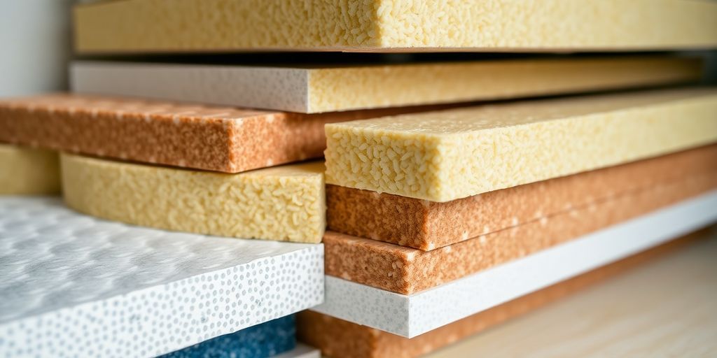 Close-up of PIR and PU insulation panels stacked.