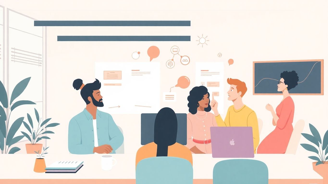 Illustrasjon av samarbeid og kreativitet i arbeidsmiljø.