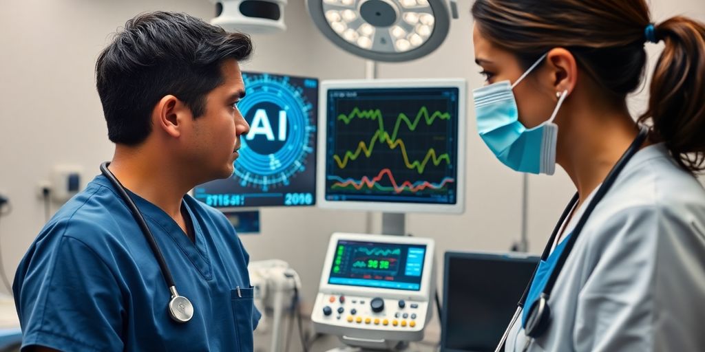 Healthcare professional with AI technology in clinical environment.