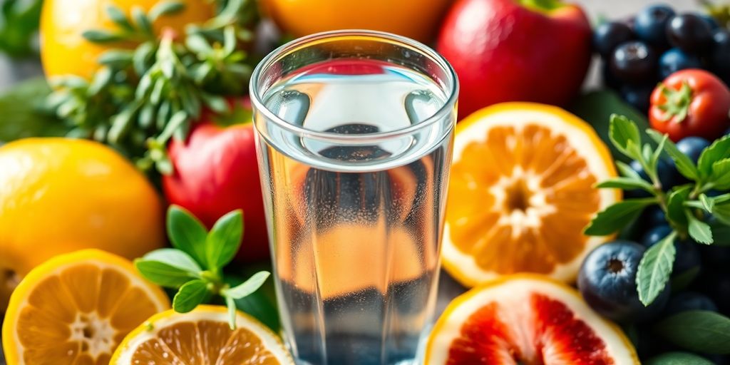 Fresh fruits and herbs around a glass of water.