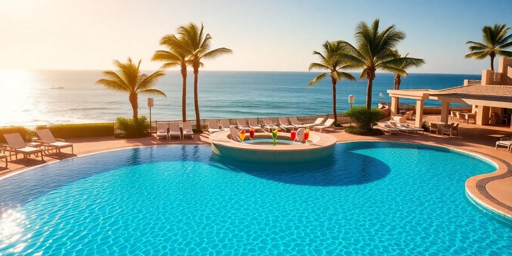 Luxury resort pool with swim-up bar and ocean view.
