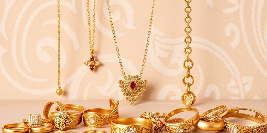 Collection de bijoux en or sur fond élégant.
