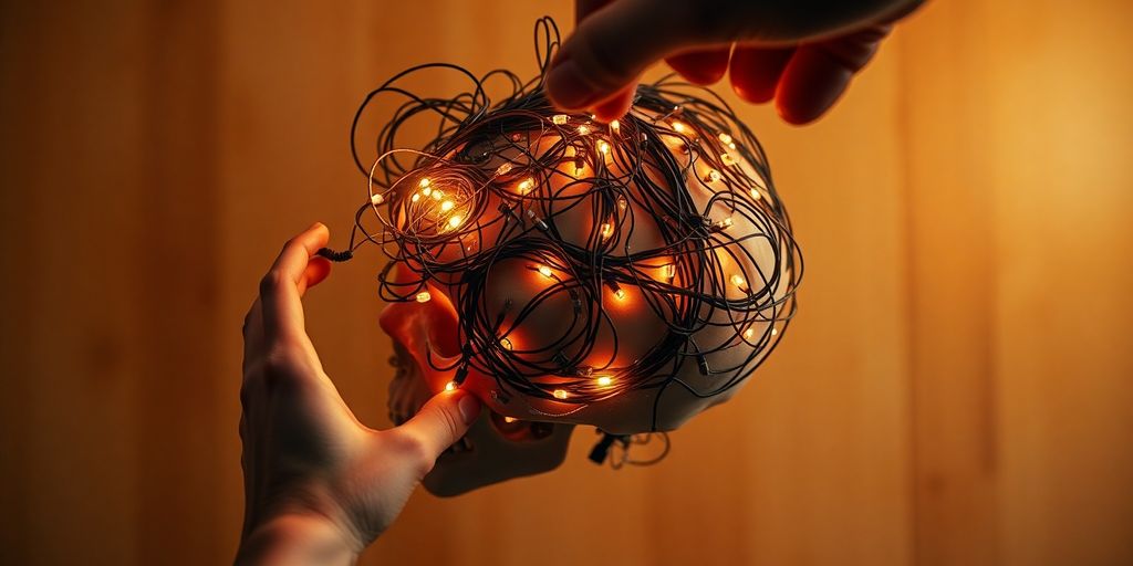 Brain with tangled wires, slouched figure.