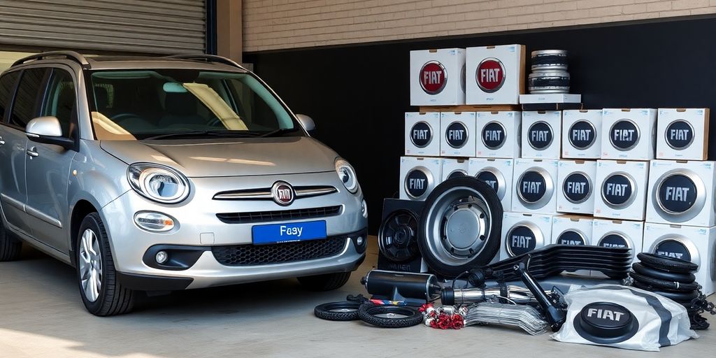 Fiat car parked near a collection of authentic car parts.
