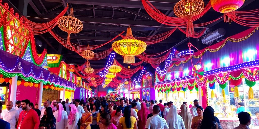 Indoor festival in UAE with colorful decorations and performances.