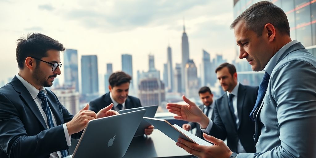 Brokers negotiating in a vibrant city setting.