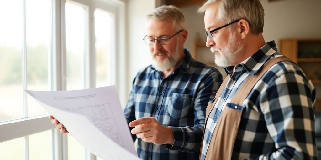 Contractor discussing blueprints with homeowner.