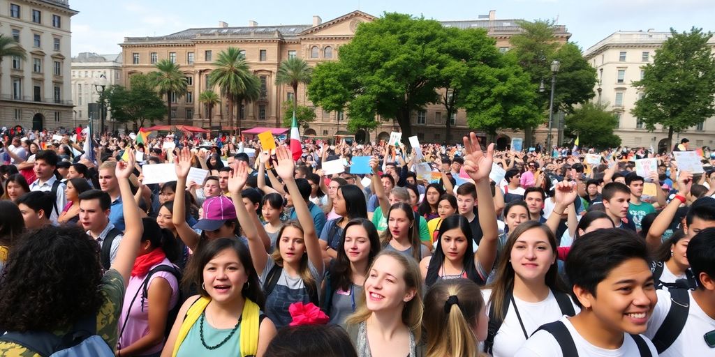 Crowd of students protesting in a city square.
