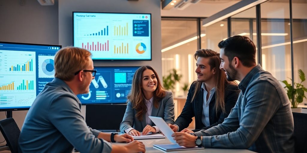 Equipe de marketing digital trabalhando em ambiente moderno.