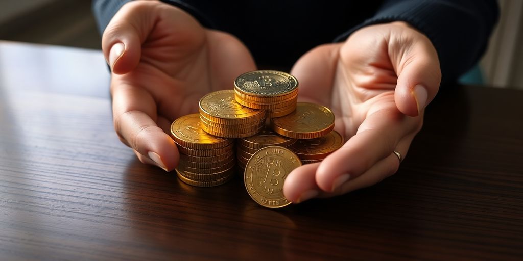 Mains tenant des pièces d'or brillantes sur une table.