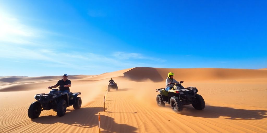 Quad biking through Marrakech's golden desert landscape.