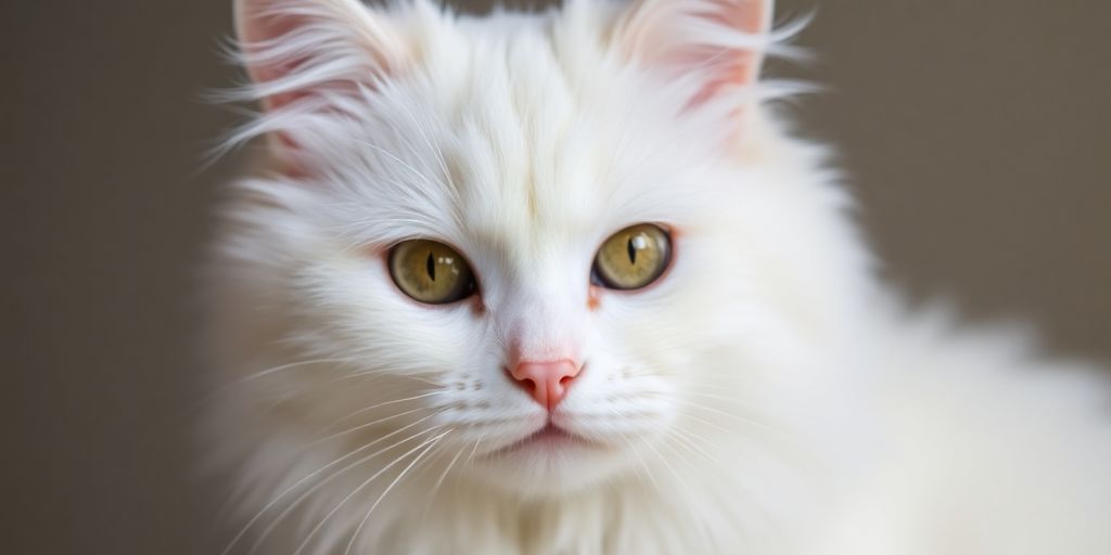 Fluffy white cat named Angel with pure white fur.