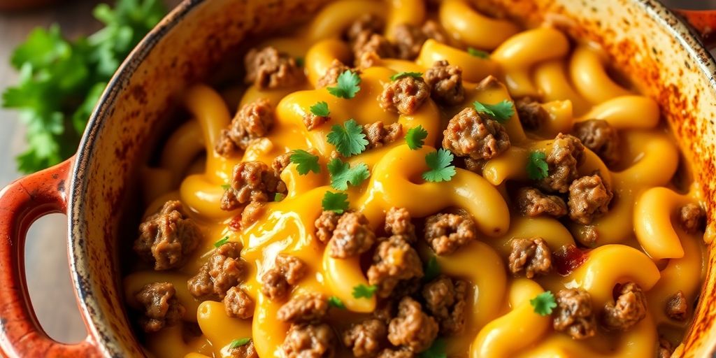 One-pot cheeseburger mac with ground beef and melted cheese.