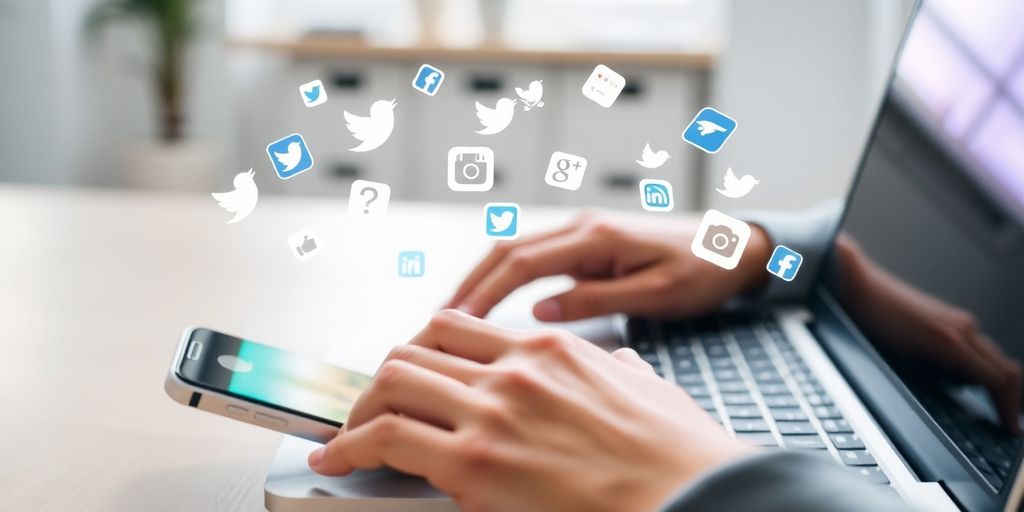 Person uses a laptop, phone. Social media icons float.