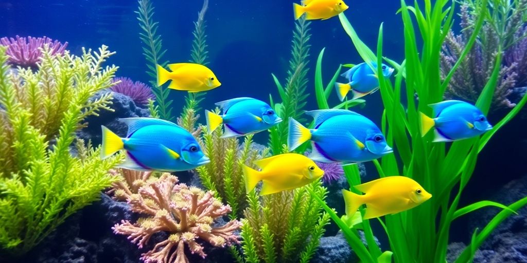 Makukulay na tropikal na isda na lumalangoy sa mga aquatic plants at coral.