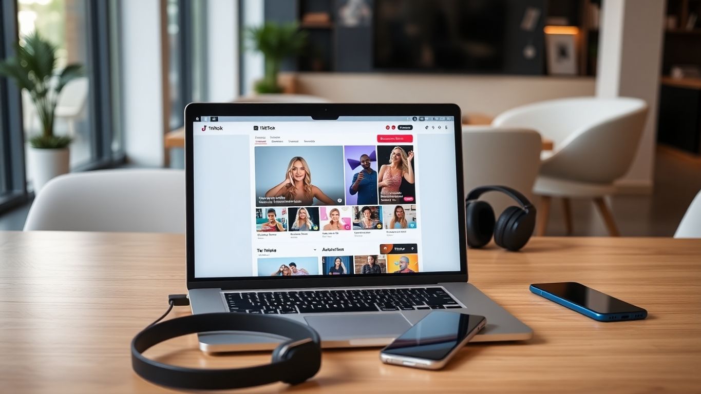 Laptop with TikTok content and automation tools in workspace.