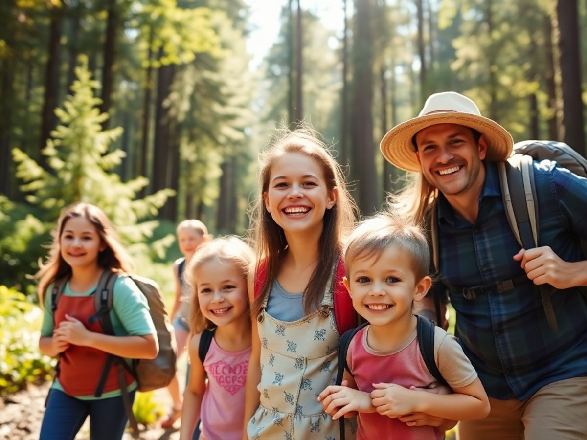 Familie bucurându-se de drumeții în natură.