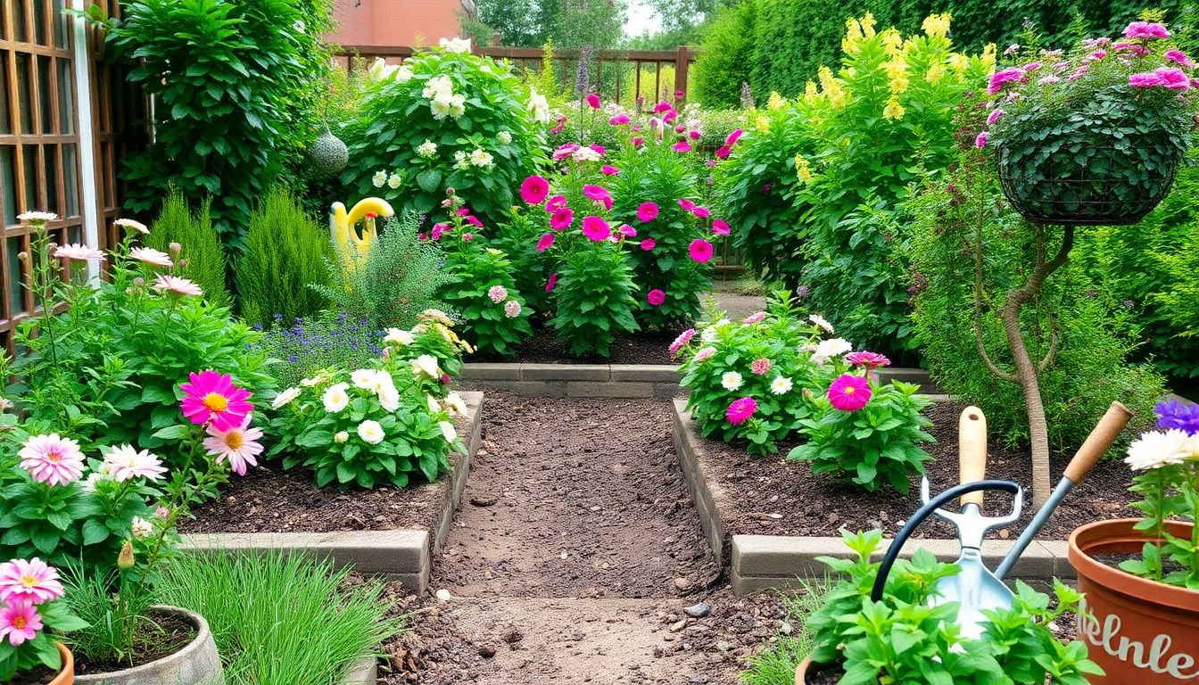 Vibrant garden with cleared flower beds and tools.
