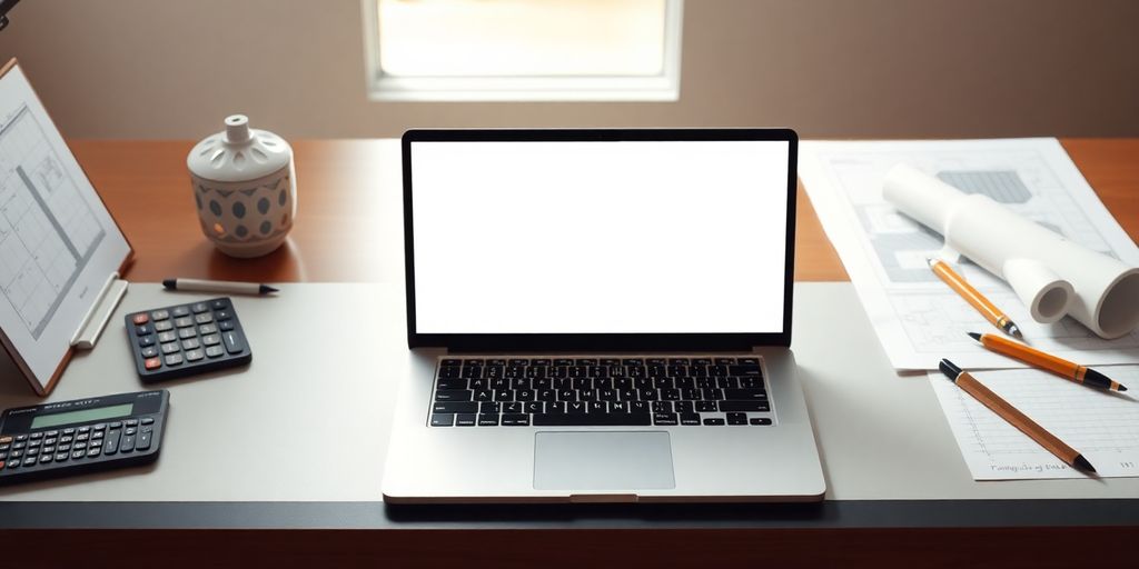 لاب توب حديث مع أدوات هندسية على المكتب.