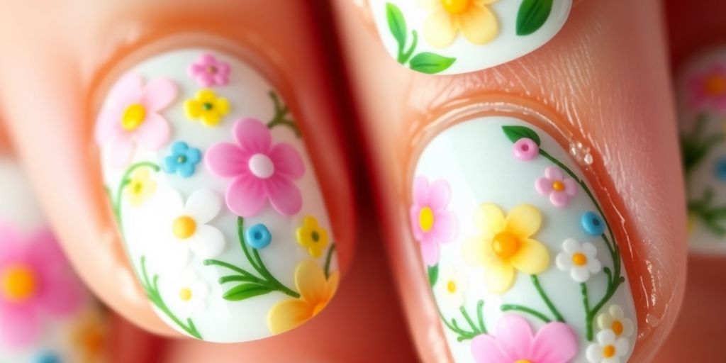 Unhas decoradas com flores para a Páscoa.