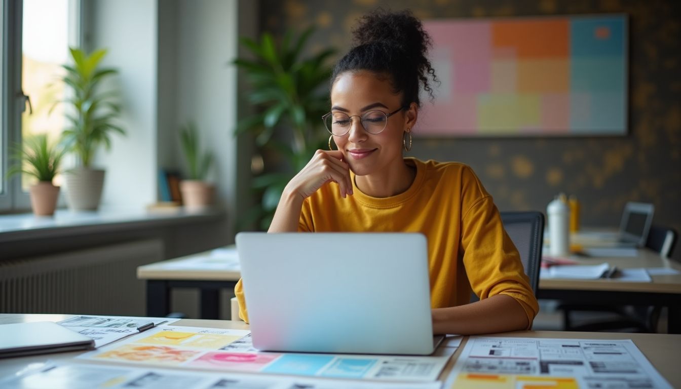 Woman coding a website in a modern design studio.