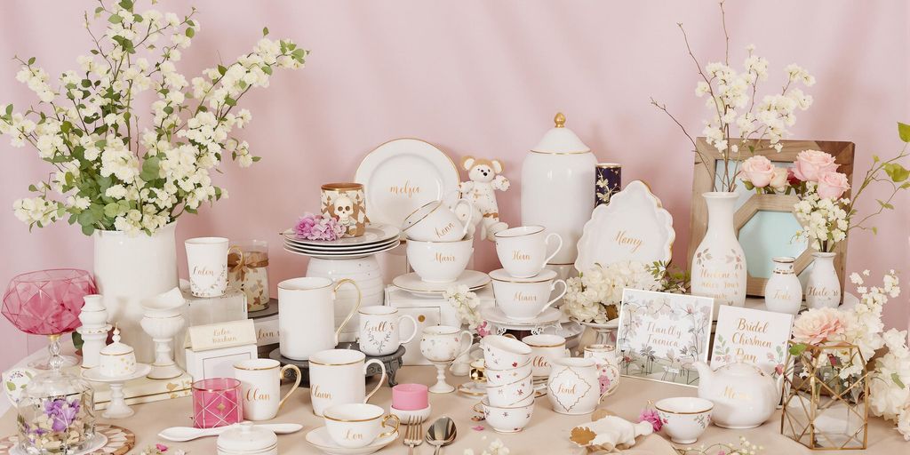A collection of unique bridal shower gifts and decorations.