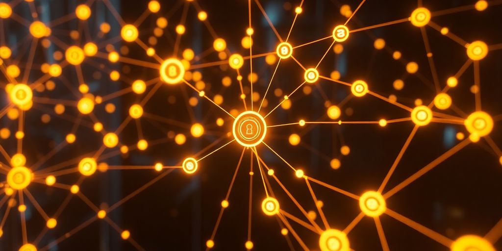 Blockchain network with interconnected nodes.