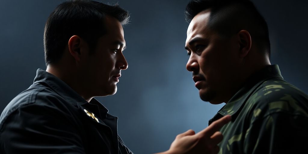 Steve McGarrett faces Wo Fat in a tense confrontation.