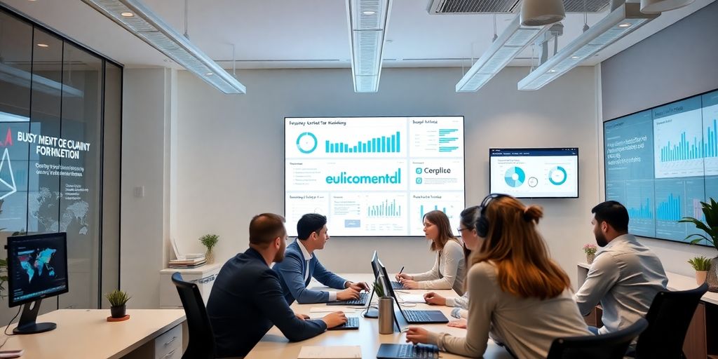 Profissionais de marketing digital em ambiente moderno e produtivo.