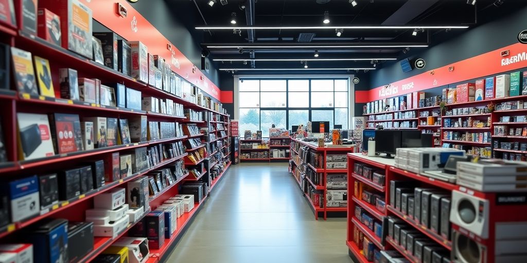Bunte Elektronikprodukte in einem gut organisierten Geschäft