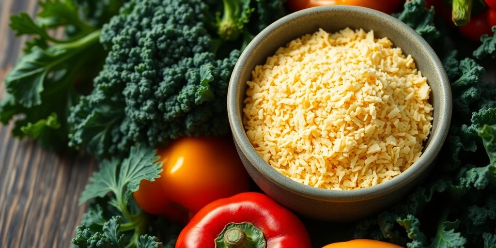 Bowl of nutritional yeast with fresh vegetables around it.
