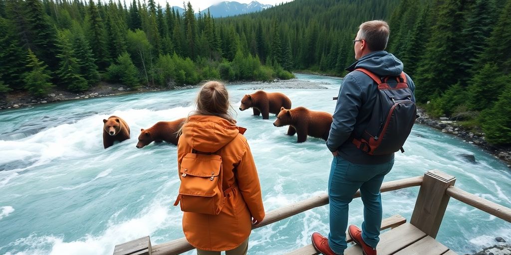 A couple watching grizzly bears catching salmon in Alaska.