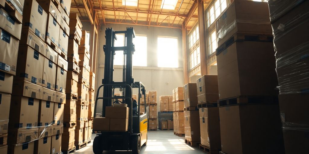Forklift moving boxes in a busy warehouse.