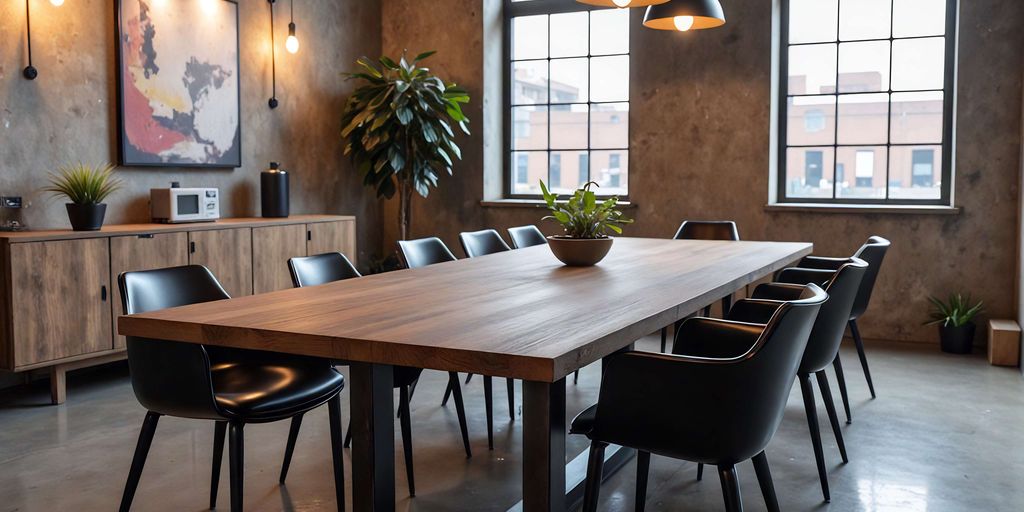Modern meeting room with a large wooden table and chairs.